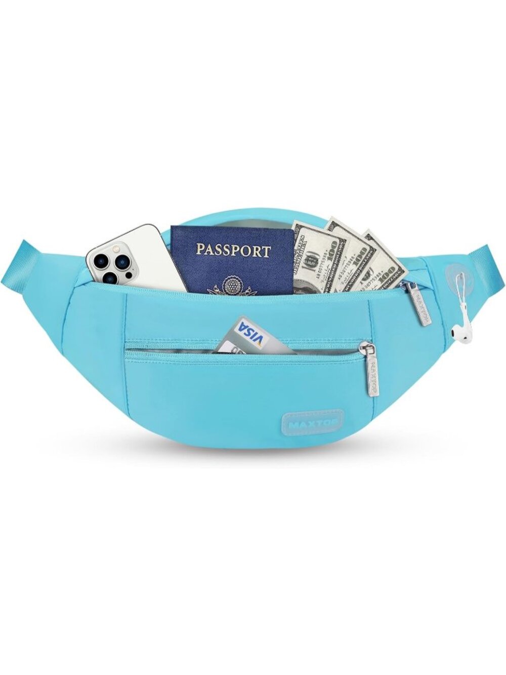Men's Water Blue Large Crossbody Fanny Pack With 4-Zip Belt Bag Waist Pack